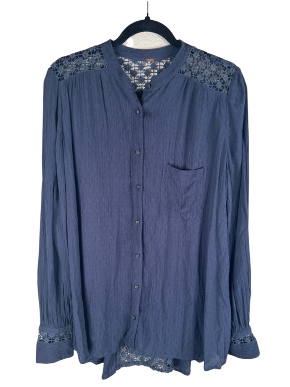 Free People The‎ Best Blouse Lace Crochet Hi Lo Hem Long Sleeve Blue Top Size L